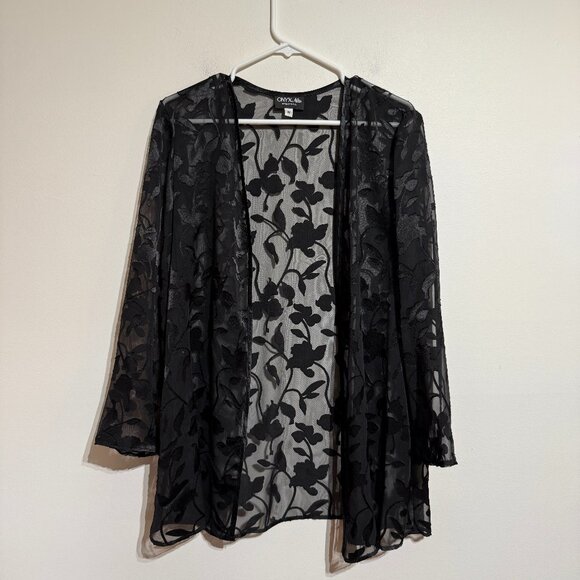 Vintage Onyx Nite by Wendye Chaitin sheer floral open-front cardigan in black - Picture 1 of 6